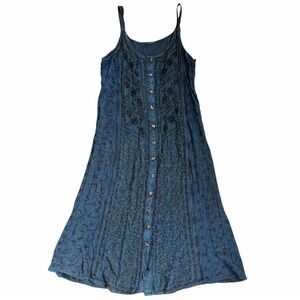 Vintage bohemian navy blue embroidered maxi dress with buttons